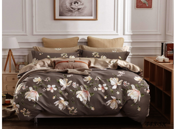 Комплект постельного белья Cleo Белые цветы на бежевом фоне сатин двуспальный