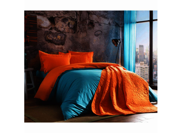 Комплект постельного белья Tac Colorful V1 (бирюзовый/оранжевый) ранфорс двуспальный евро