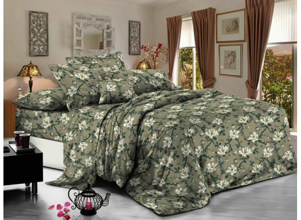 Комплект постельного белья Cleo Цветочный орнамент на сером фоне полисатин евро макси