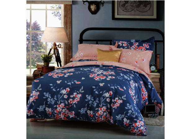 Комплект постельного белья Сайлид Розовые цветы на синем фоне сатин евро макси