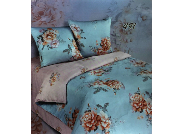 Комплект постельного белья Экзотика Розово-голубой с цветами сатин двуспальный евро