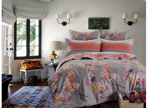 Комплект постельного белья Cleo Цветы на сером фоне сатин 15 сп 