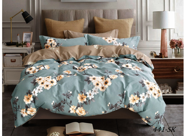 Комплект постельного белья Cleo Цветы на серо-голубом фоне сатин двуспальный