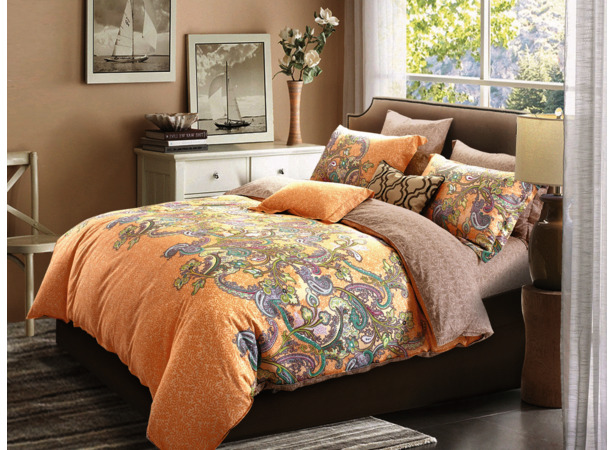 Комплект постельного белья Cleo Орнамент на оранжевом фоне сатин 15 сп