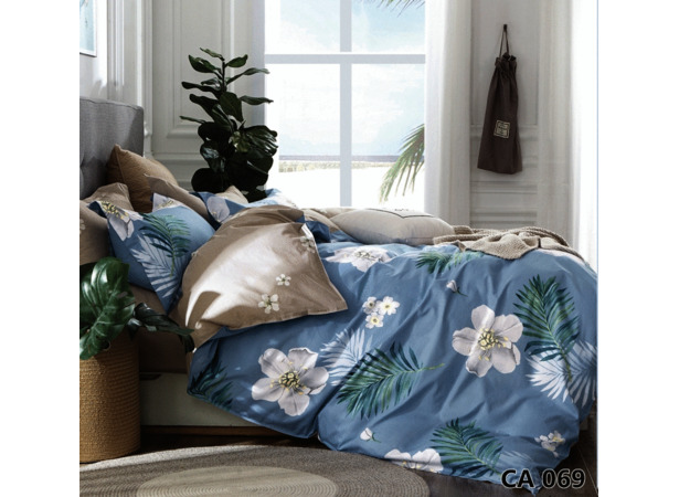 Комплект постельного белья Альвитек Цветы на серо-голубом фоне сатин двуспальный евро