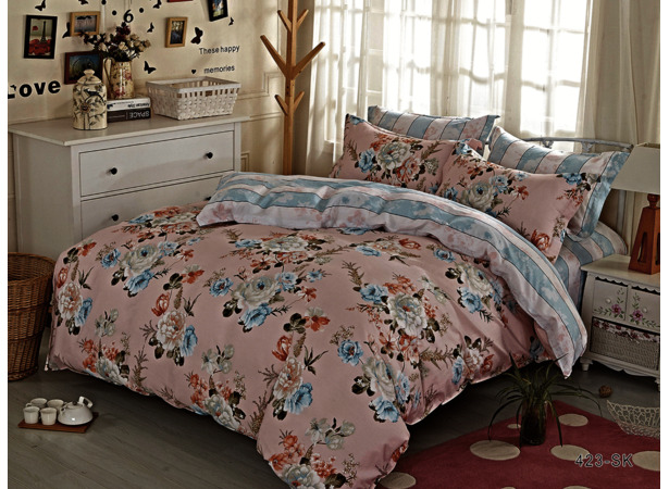 Комплект постельного белья Cleo Цветы на розовом фоне сатин двуспальный