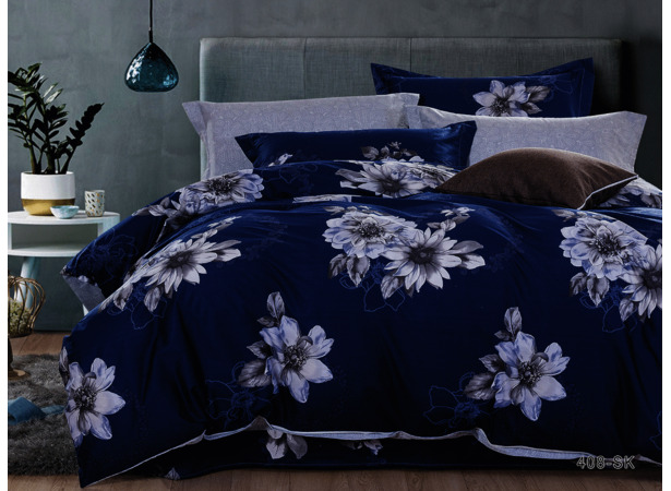 Комплект постельного белья Cleo Цветы на синем фоне сатин евро макси