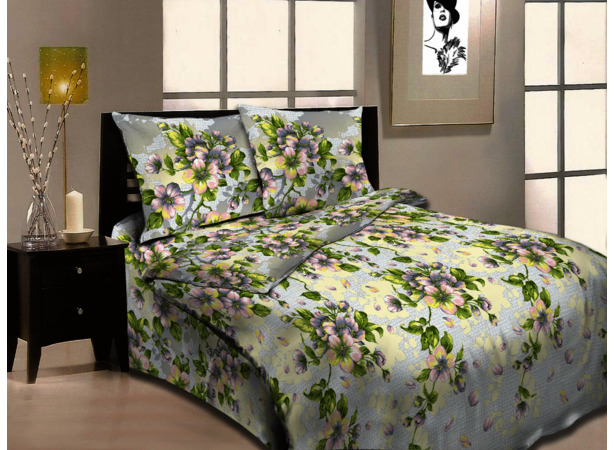 Комплект постельного белья Cleo Цветочный орнамент на сером фоне 3D бязь двуспальный