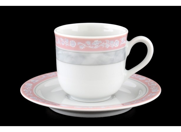 Набор кофейных пар Яна Серый мрамор с розовым кантом (чашка 110 мл + блюдце) на 6 персон 12 предметов