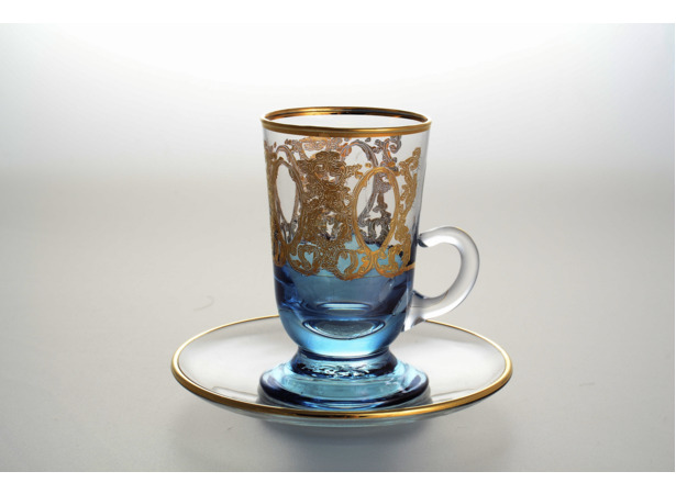 Набор чайных пар Золотые узоры Голубой фон (чашка 150 мл + блюдце) на 6 персон