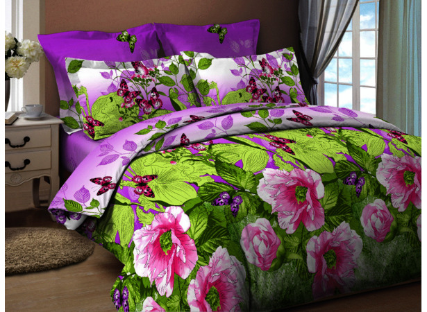 Комплект постельного белья Cleo Розовые цветы бабочки  3D бязь двуспальный евро