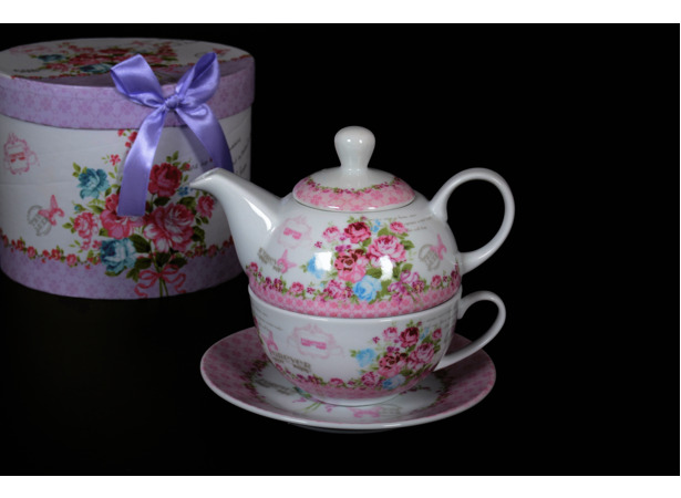 Набор для чая Розовые розы (чашка 350 мл с блюдцем и чайник 380 мл)